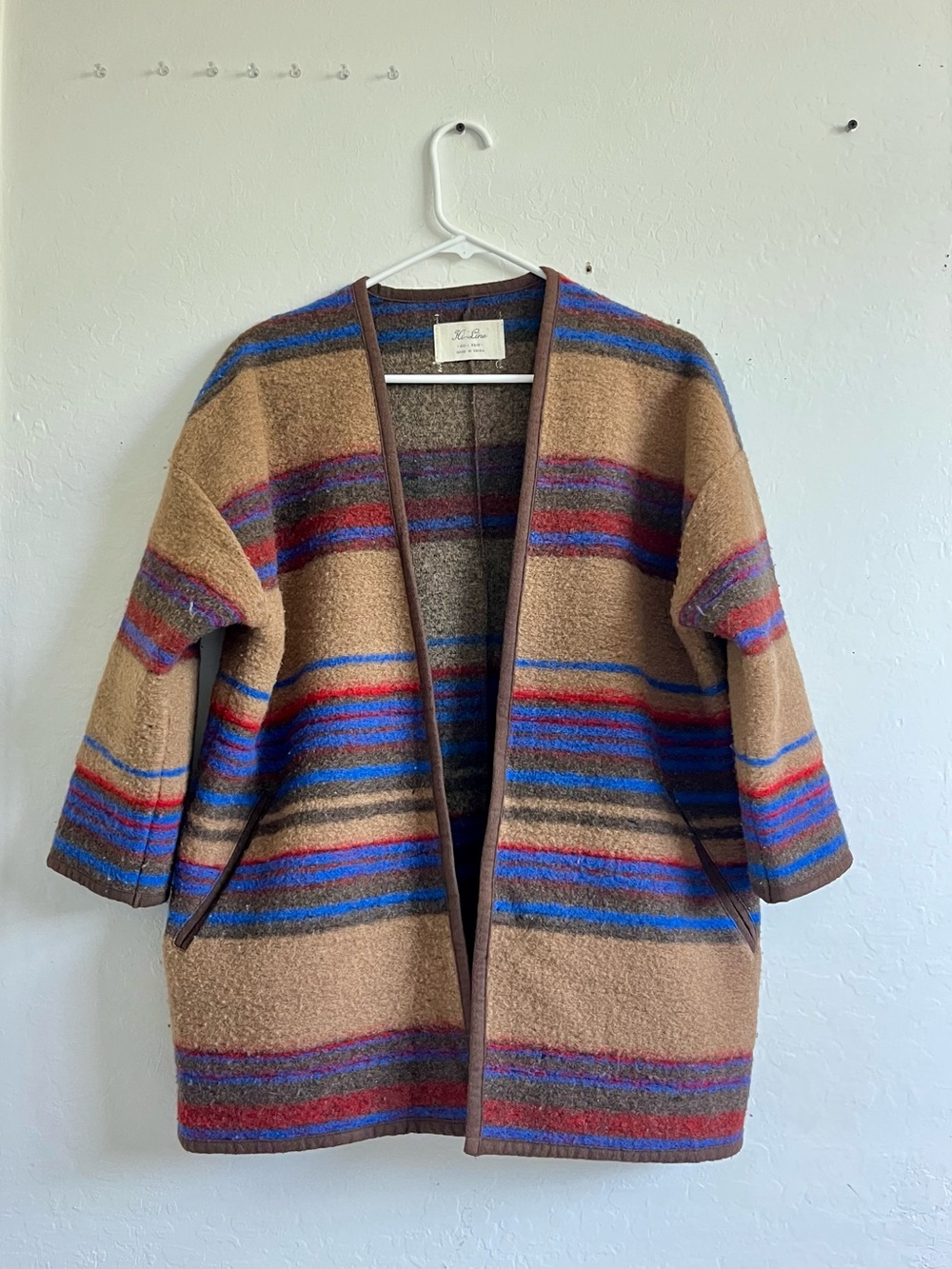 Vintage Hi-Line Wool Blanket Stripe Open Front Coat